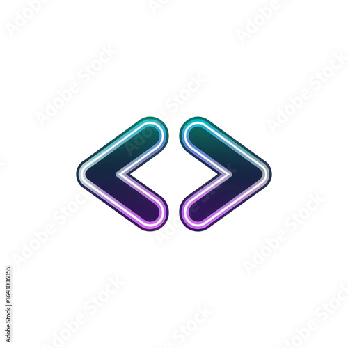 Futuristic vector icon with two neon gradient arrow brackets facing left, symbolizing code, programming, and development, perfect for tech designs, websites, and app interfaces.
