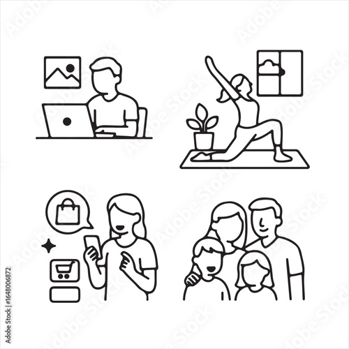 Set of line art illustrations daily activities including calling shopping sleeping amp cleaning icon

