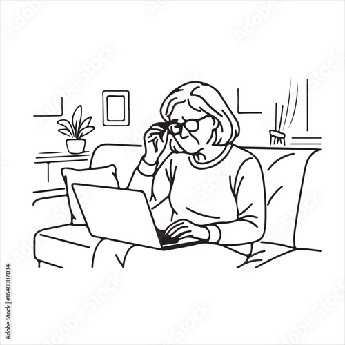 Elderly woman using laptop with glasses senior woman online experiencing vision problems
