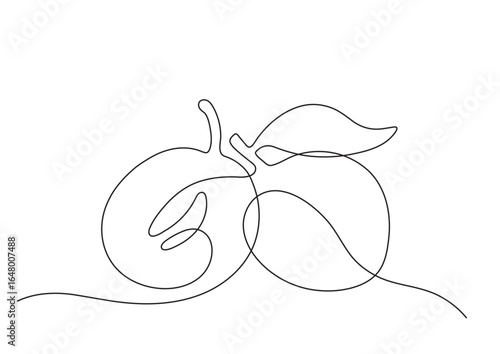 Two plum with a leaf and pit, simplified in a single line, vector illustration