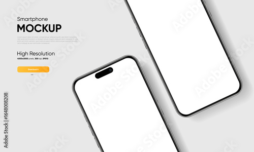 Realistic smartphone mockup. Mobile phone vector with isolated on white background. Device front view. 3D mobile phone with shadow. Realistic, high quality smart phone mockup for ui ux presentation.