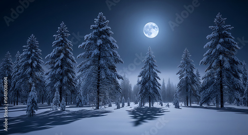Enchanted winter forest under a full moon