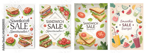 Vibrant illustrations of sandwich and smoothie sale posters featuring fresh ingredients and enticing designs.