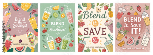 Colorful smoothie promotional posters featuring vibrant fruits and refreshing drinks in playful designs.