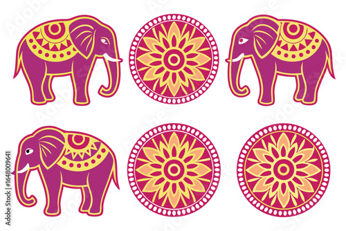 Colorful Indian Elephant Illustrations & Mandala Designs for Cultural Visuals