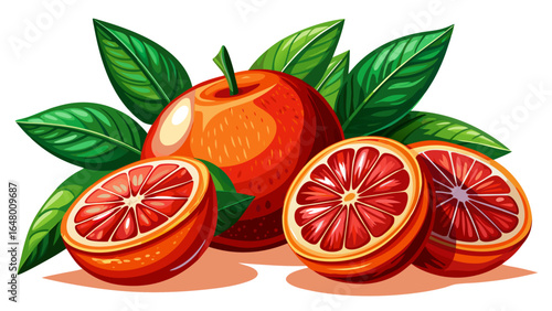 Fresh blood oranges display vibrant color and lush green leaves, their sliced halves revealing a juicy interior, set gracefully against a clean background, radiating freshness, elegance, and natural 