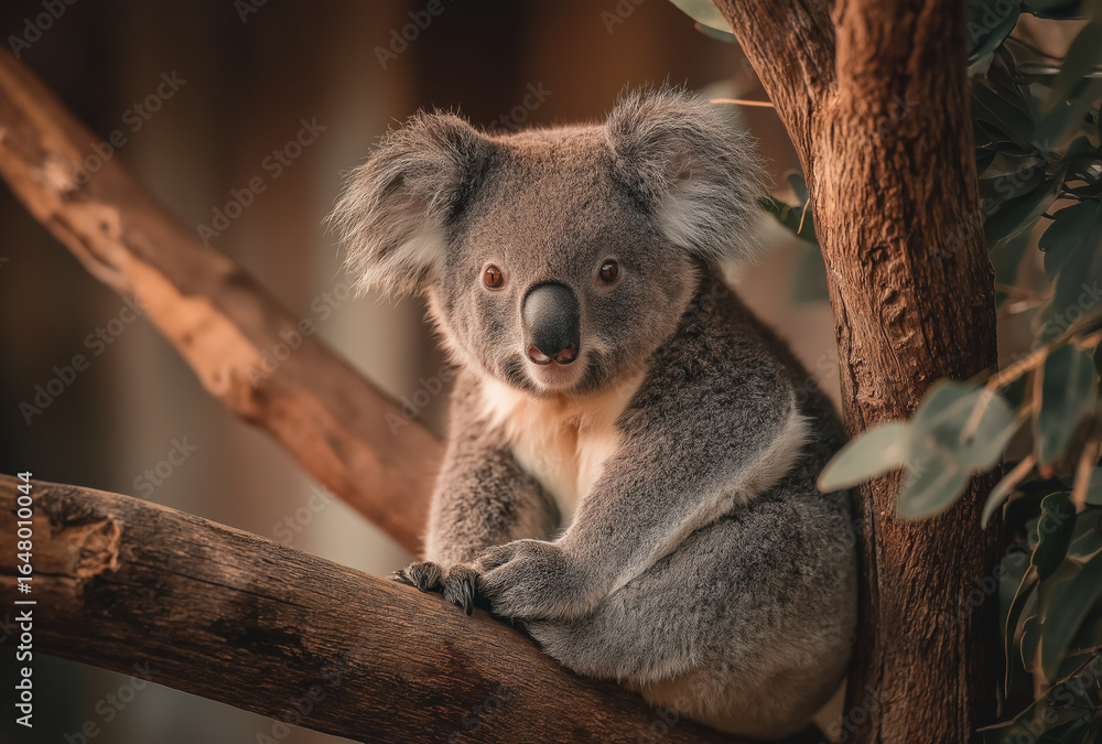 Fototapeta premium A koala is sitting on a tree, holding its head with both hands