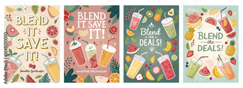 Colorful smoothie posters featuring vibrant fruit illustrations and playful typography.