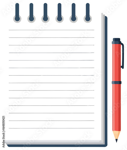 Notepad vector illustration with spiral binding and red pencil placed beside it in flat design style for stationery, office, study, and educational creative projects