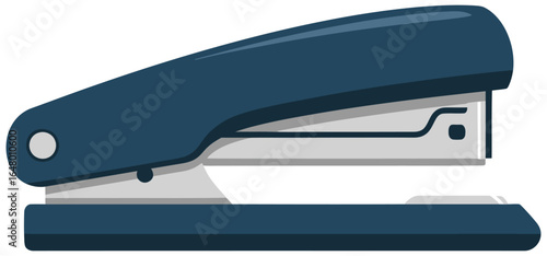 Stapler vector illustration in flat style depicting a simple office tool with a dark blue top, metallic base, and functional design for binding papers