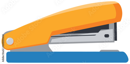 Stapler vector illustration in flat style with a bright orange top and blue base depicted as a functional office accessory for binding paper sheets in business, school, or home office environments