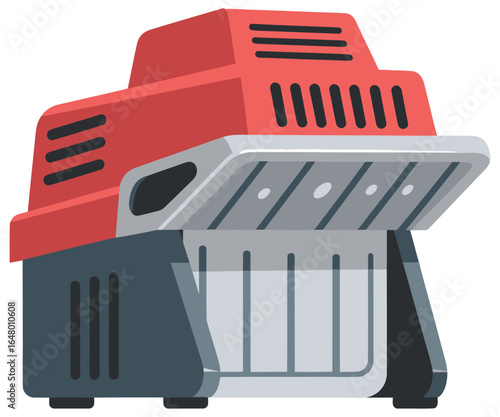Electric lawn mower vector illustration in flat style with red top, dark gray body, and silver cutting plate for grass trimming and lawn maintenance in gardens