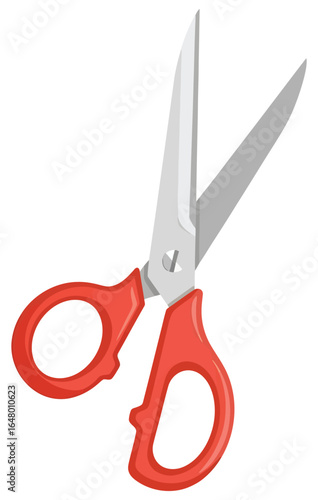 Scissors vector illustration in flat style with sharp silver blades and bright red handles for cutting, crafting, sewing, and office stationery purposes