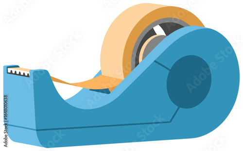 Tape dispenser vector illustration in clean flat design with blue plastic body serrated metal cutter and partially unrolled roll of adhesive tape for stationery office supply graphics