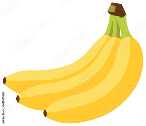Banana vector illustration in flat design style showing a ripe yellow bunch of three tropical fruits with green stem and brown tips for healthy food nutrition and grocery market graphics