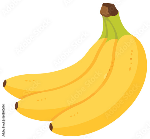  Banana vector illustration in flat design style featuring a ripe yellow bunch of three tropical fruits with green stem brown tips and grocery market graphics