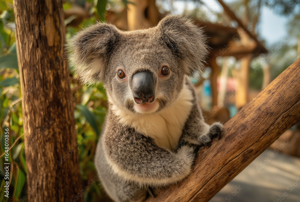 Naklejka premium A koala is sitting on a tree, holding its head with both hands