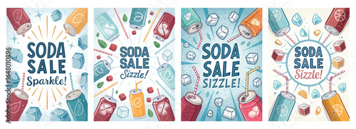 Colorful and playful soda sale posters featuring various drinks and ice cubes.