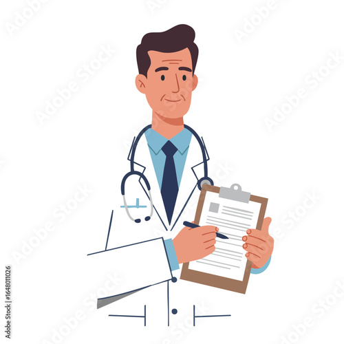 Vector illustration of doctor holding clipboard on white background, medical theme