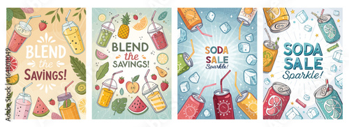 Vibrant beverage promotional posters featuring colorful drinks and fun typography.
