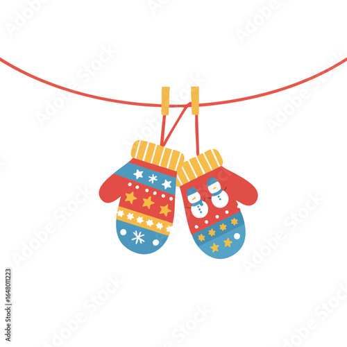 Vector illustration of mittens on string on white background, winter
