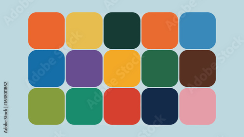 A collection of fifteen rounded squares arranged in a grid pattern with various colors on a light blue background