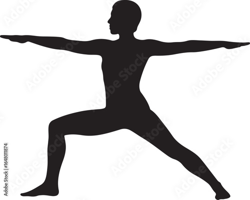 Black silhouette of a person in Warrior I yoga pose warrior II virabhadrasana II