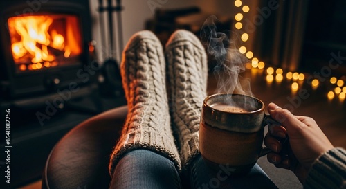 Cozy winter evening by the fireplace, enjoying a warm drink in thick knitted socks.