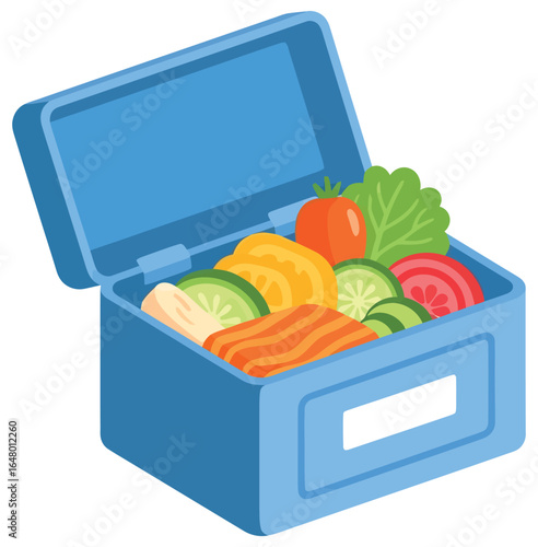 Lunchbox vector illustration featuring assorted fresh vegetables and salmon neatly arranged in a blue container in clean modern flat design style
