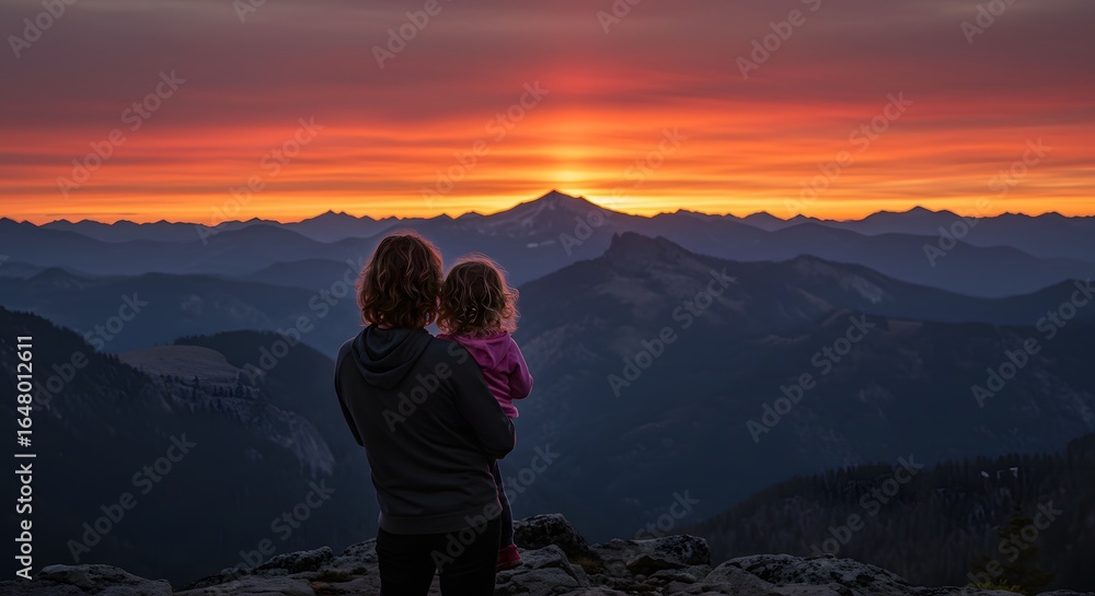 Obraz premium Mother and child witnessing a breathtaking sunrise over mountains