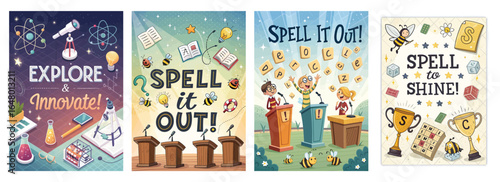 Colorful educational posters promoting science and spelling activities for children.