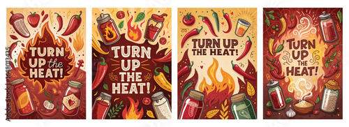 Colorful illustrations featuring vibrant chili peppers and bold text celebrating spicy cuisine.