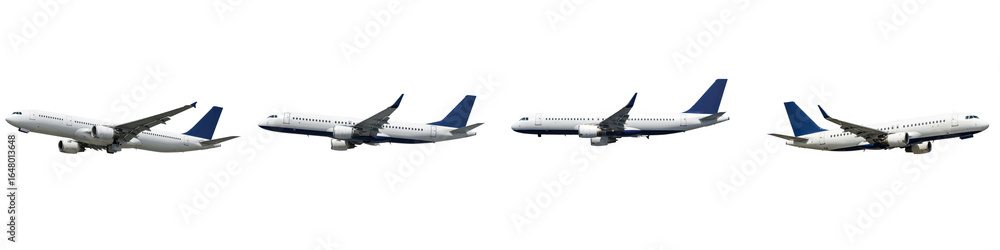 Fototapeta premium Commercial airplane flying in different angles with white fuselage and blue tail, showing various views of aircraft in flight