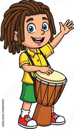 Cartoon Drummer with Dreadlocks Playing Wooden Drum—Energetic Character in Yellow Shirt and Green Shorts with Big Smile and Raised Hand