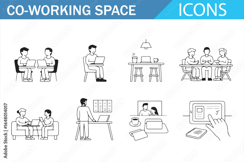 Fototapeta premium Workspace and collaboration icons for modern office setups and freelancing