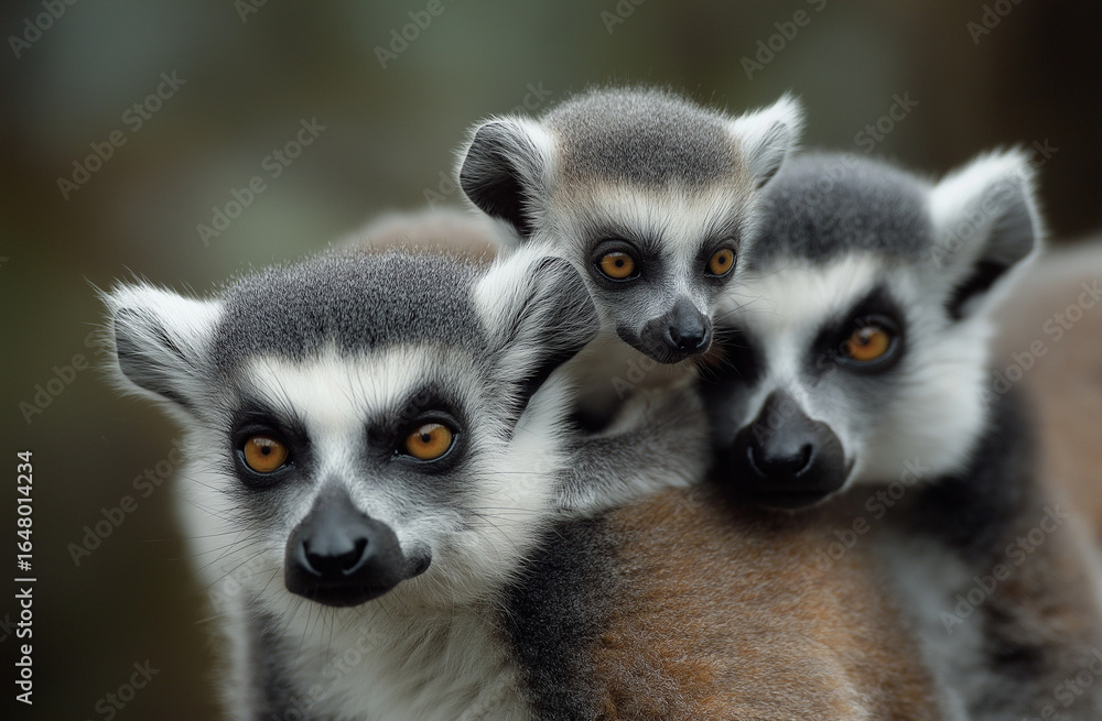 Fototapeta premium Photograph of a close-up portrait of three ring-tailed lemurs with a baby on the back in their natural habitat,
