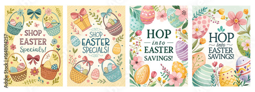 Colorful Easter-themed promotional graphics featuring eggs, baskets, and floral designs.