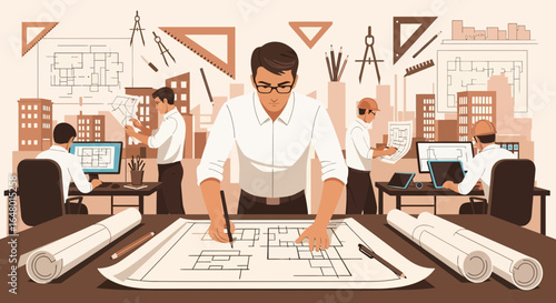 Architectural design team collaborating on building project blueprints