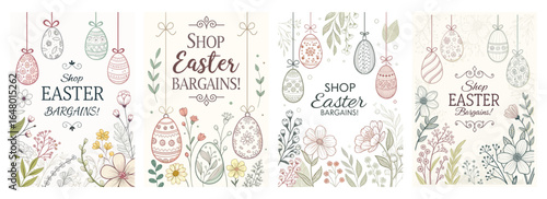 Colorful Easter-themed designs featuring decorative eggs and floral elements.