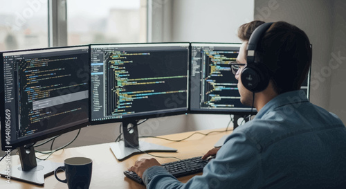 Focused programmer working with code on multiple monitors wearing headphones