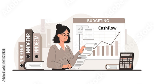Illustrative depiction of a woman managing finances and analyzing cashflow