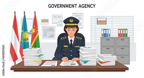Female officer in governmental office reviewing documents and writing report