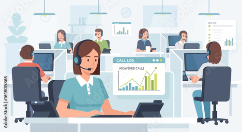 Visual depiction of a modern call center environment showcasing efficiency and teamwork