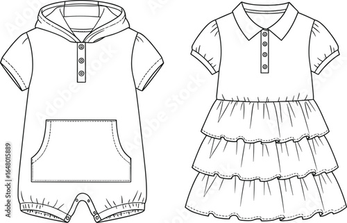 cad drawing, flat vector illustration, baby romper design, tiered dress sketch, kids fashion template, apparel technical sketch