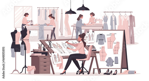 Creative fashion design studio with a team of female designers collaborating on new styles