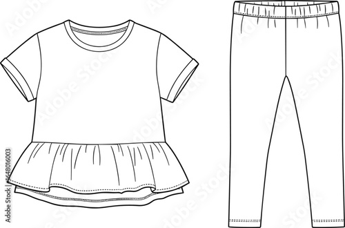 cad drawing, flat vector illustration, kids clothing template, peplum top sketch, leggings design, fashion technical sketch, apparel vector art