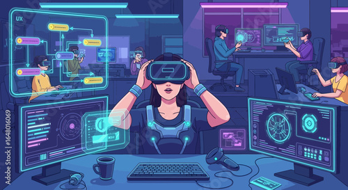 Cartoon illustration of digital interface design and collaboration in virtual reality