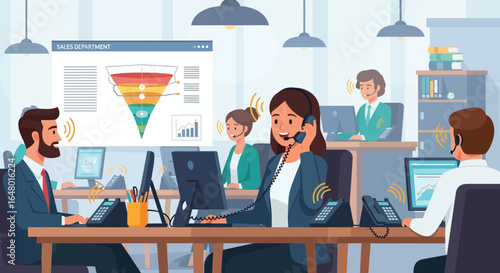 Busy call center environment with agents assisting customers and optimizing sales strategies