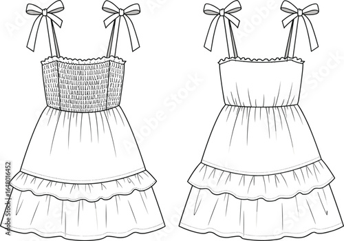 cad drawing flat vector illustration, girls dress fashion sketch, smocked bodice design, ruffled hem template, apparel technical drawing, garment construction