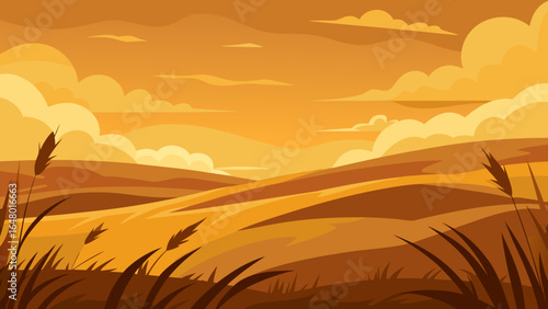 Vibrant orange sunset over a vast desert landscape with sand dunes and a lone tree silhouette against the horizon